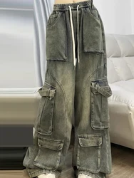 Elastic waist retro wide leg, flesh blocking straight tube, Haren loose fit, new washed denim work pants, female dad trend