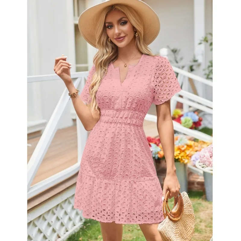 

Elegant Hollow Out Mini Dresses For Women Summer Fashion Short Sleeve V-neck High Waist A-line Dress Office Solid Color Vestidos