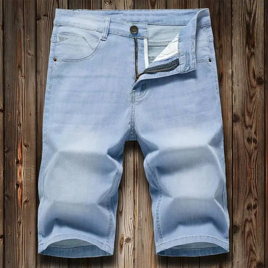 Mens Light Blue Denim Shorts Straight Leg Casual Mid-Waist Zipper Fly Stretch Cotton Summer