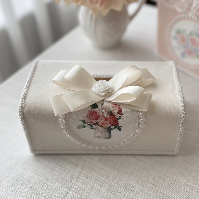 Retro Embroidered Tissue Box Lace French Pastoral Velvet Fabric Tissue Case Elegant Pearl Napkin Holder Home Decor Ornaments