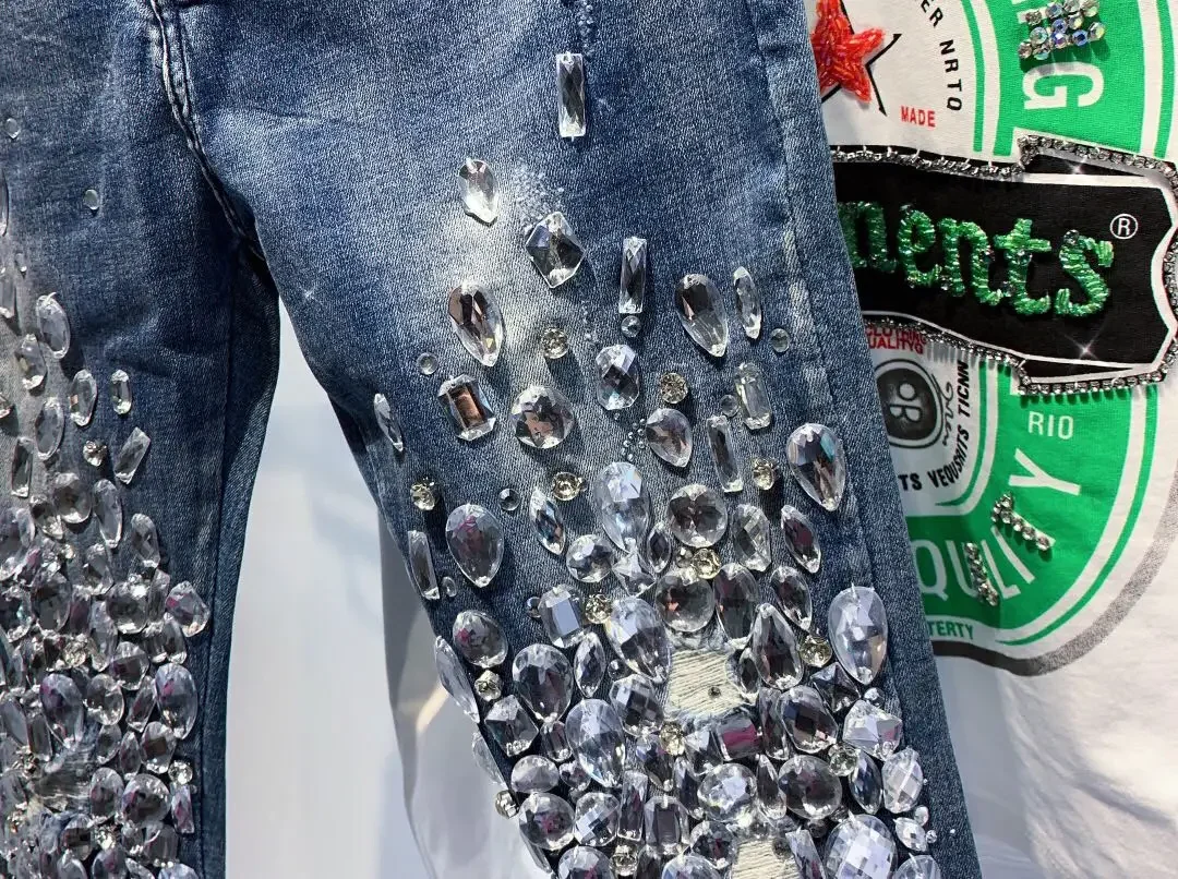 Luxury Women Handmade Diamonds Beaded Denim Pencil Pants Sewing Crystal Trousers Shiny Skinny Stretch Jeans Rhinestones Pantalon