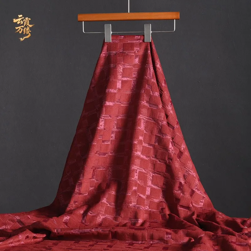 Wine red checkered jacquard fabric for cushions curtains tablecloths handcrafted soft furnishings and clothing