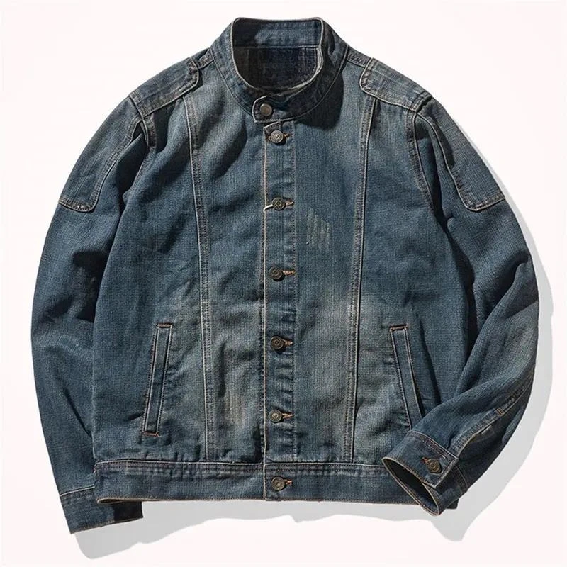 2026 Men's Vintage Washed Denim Jacket Retro Stand Collar Spliced Design Casual Streetwear Outerwear