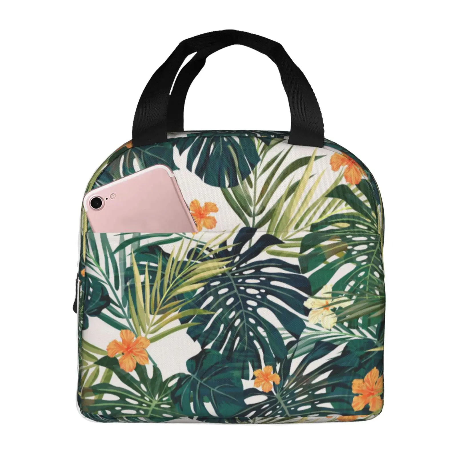 Tropical Palm Leaves Pattern Lunch Bag for Girls Funny Lunch Box Fun Picnic Cooler Bag Portable Zipper Oxford Thermal Lunch Bags