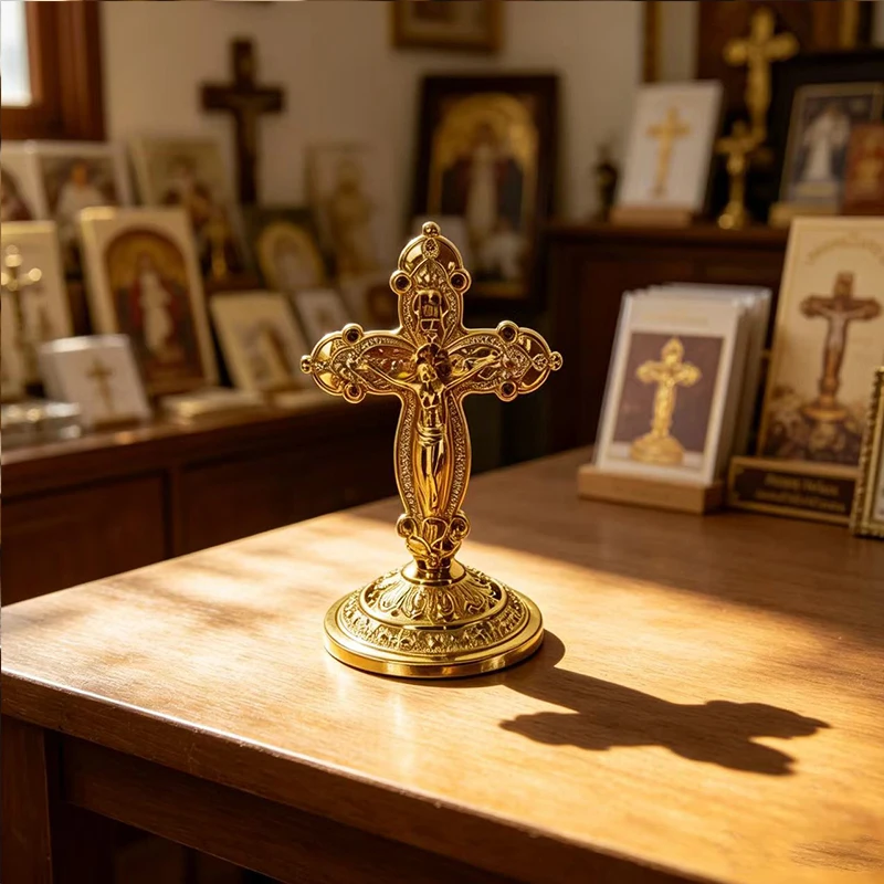 Verziertes, vergoldetes Tischkreuz mit Jesus-Korpus für katholische christliche Altäre, Gebetsräume, religiöse Dekoration, Geschenk. – Detail 2