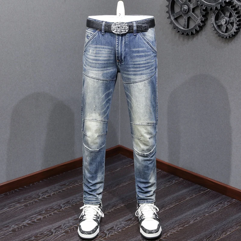 

Street Fashion Men Jeans Retro Washed Blue Stretch Slim Fit Ripped Jeans Men Spliced Designer Patched Hip Hop Biker Pants Hombre