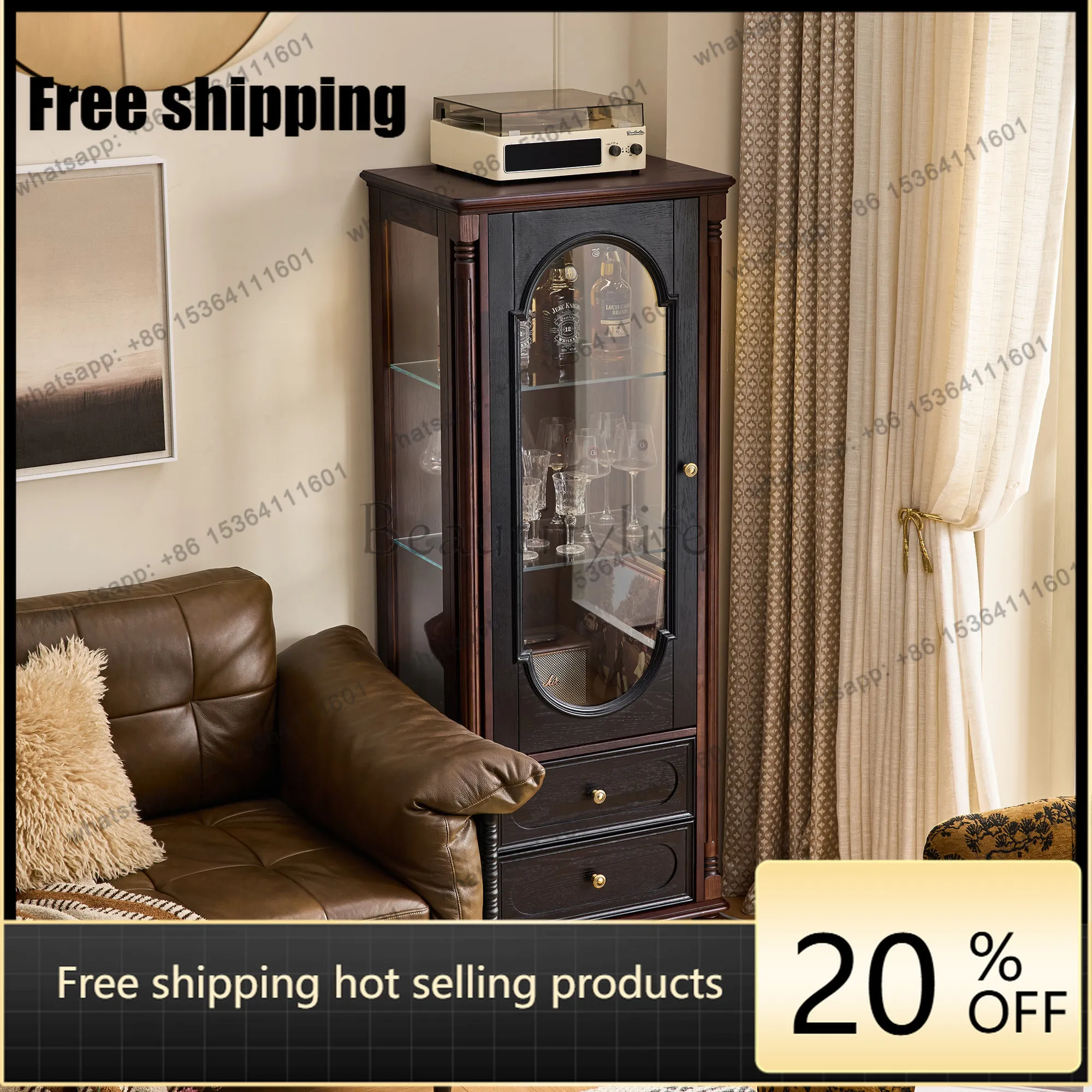 LD Solid Wood French Vintage Style High-End Glass Display Storage Cabinet for Home Use