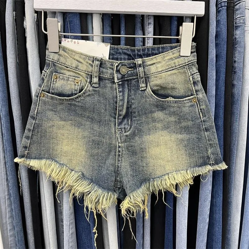 Faionable ارتفاع الخصر التخسيس المتعثرة Waed الدنيم ort ort orts المرأة الرجعية العصرية السراويل الساخنة القطن عالية الخصر واسعة Le...