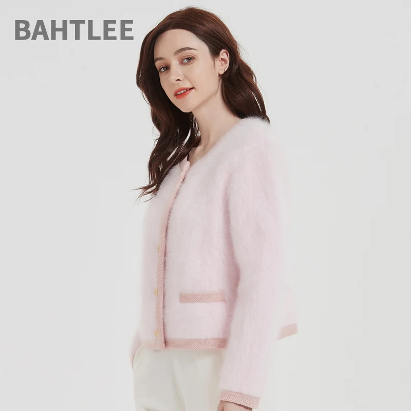 BAHTLEE-Women\'s Angora Knitted Cardigans, Single-Breasted Sweater, Wool Coat, Long Sleeves, O-Neck, Pocket, Autumn