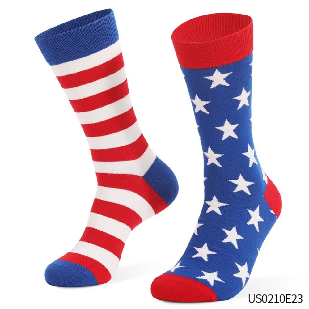 PESENAR  US Flag Mismatched Crew Socks, Patriotic Stars Stripes Cotton Socks for 4th of July