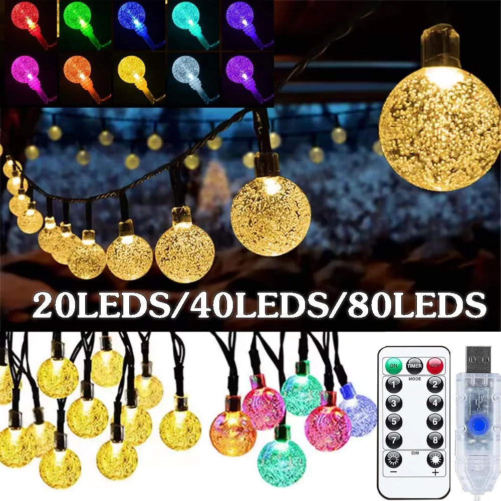 

USB Crystal Globe String Lights Outdoor IP65 Waterproof Light Fairy Light 8Mode Remote Christmas Garland for Garden Party Decor