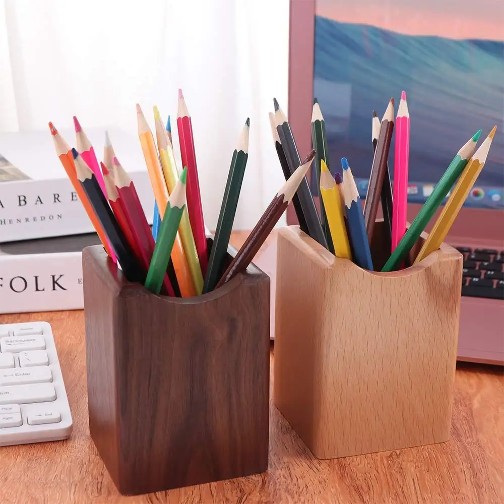 Office Supplies Natural Wooden Pencil Holder Multiple-use Large Capacity Desk Organizer Square Black Walnut Pen Holder Cup Home