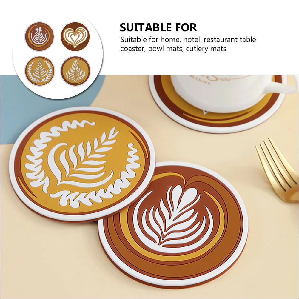 

4pcs Thick Pvc Cup Mats Latte Art Design Anti-Slip Coasters Home Restaurant Bowl Cutlery Pad Mat Coaster For Table Use