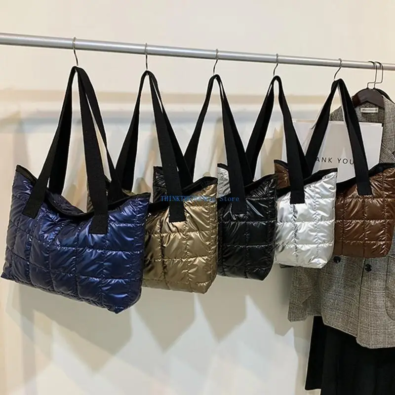 63HC حقيبة كتف نايلون عصرية كبيرة مبطنة حقيبة يد ذات لون سادة #4