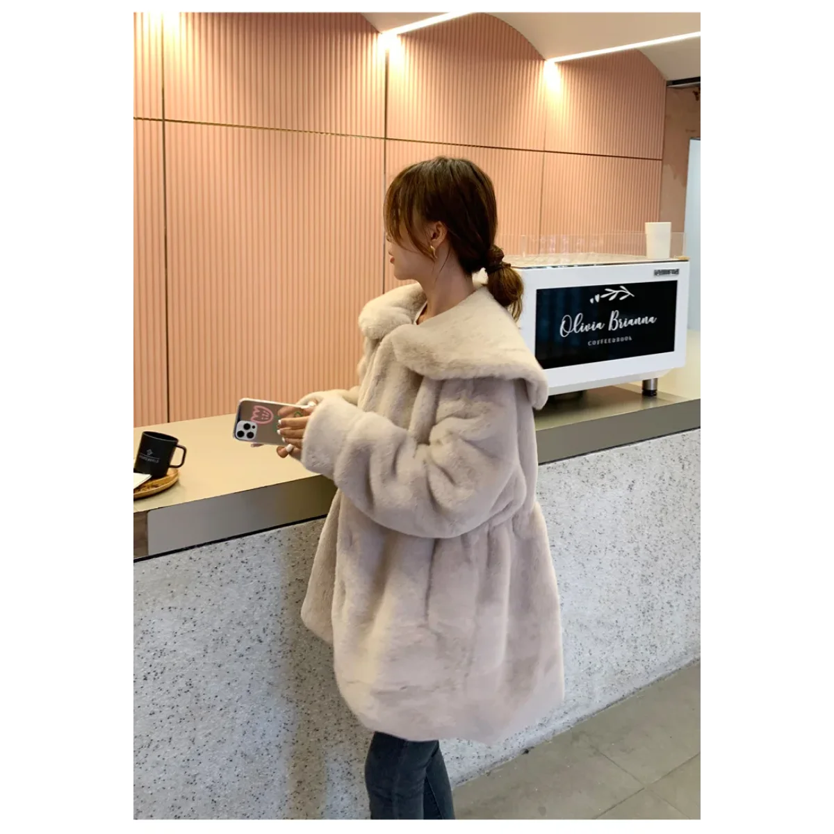 Casual Autumn Winter 2025 Women Faux Rabbit Fur Coats Y2k Overcoat Turn Down Collar Long Sleeves Mid Length Thick Loose Jackets