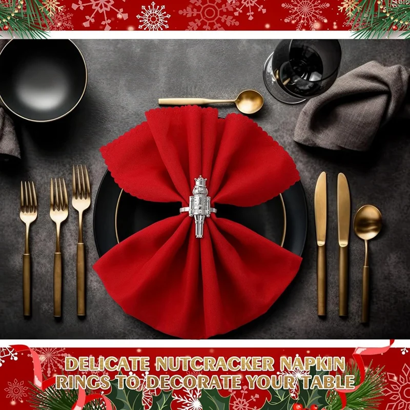 Set Of 12 Christmas Nutcracker Napkin Rings Metal Napkin Holders For Christmas Decoration (Silver)