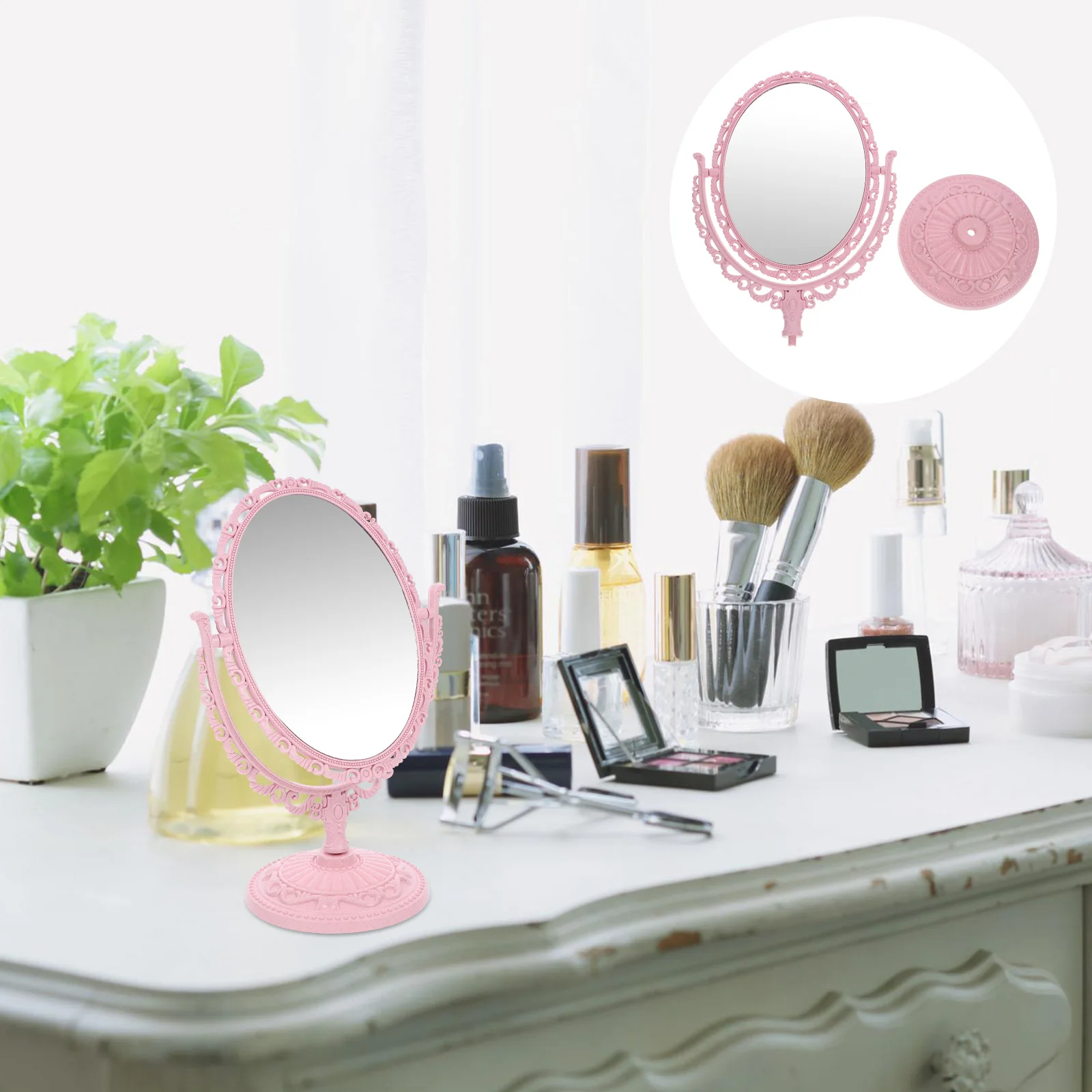 

Tabletop Vanity Mirror Double-Sided Magnifying Makeup Mirror 2X Regular Sides Rotating 360 Degree Oval Pink Detachable Base