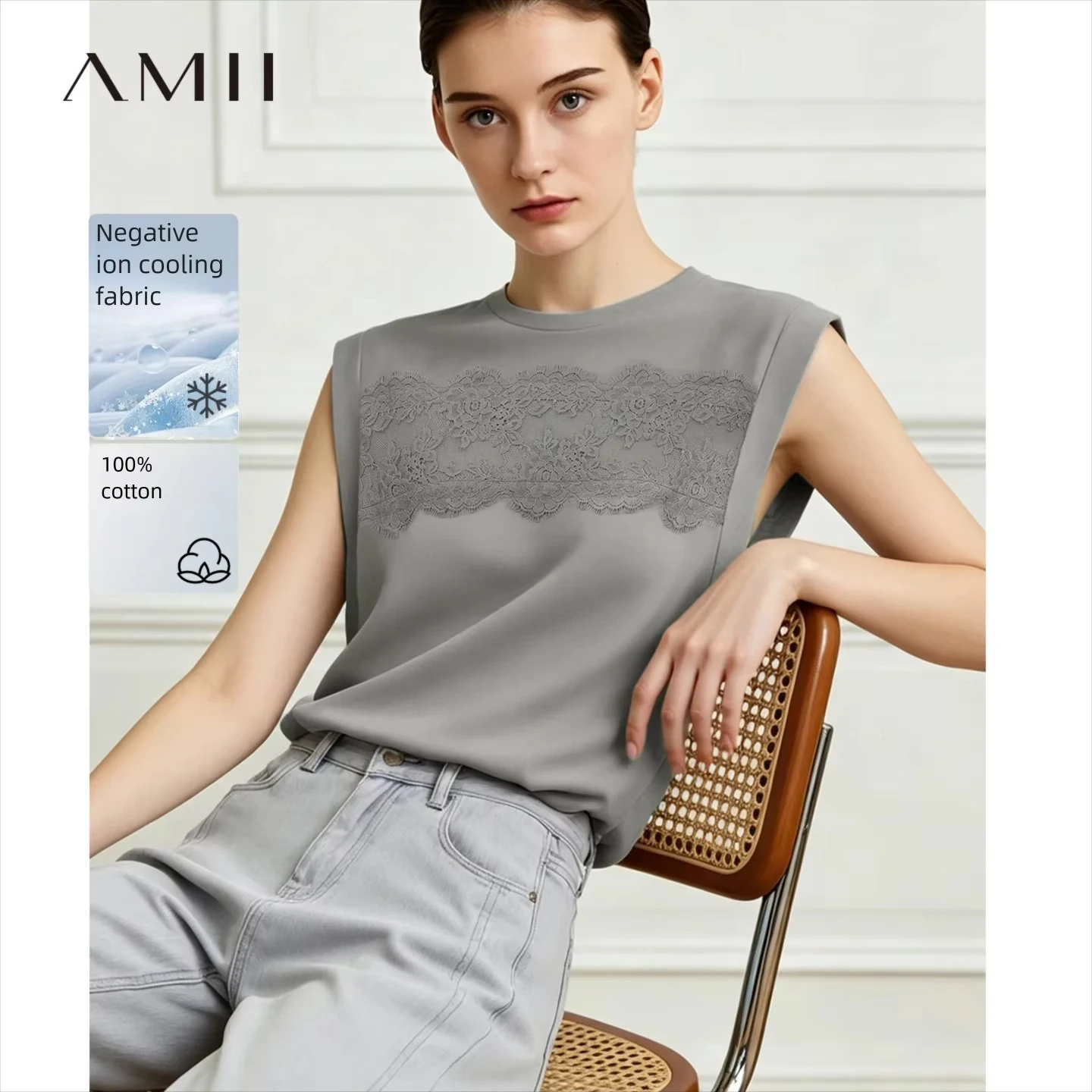 Amii Women's Top 2026 Summer New Round Neck Lace Trim 100% Cotton Tank Tee Loose Casual Sleeveless T-Shirt For Women 12622139