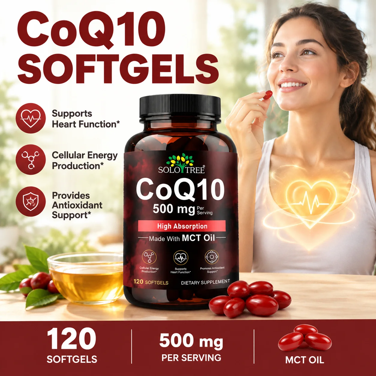 SOLOTREE CoQ10 500 Mg Softgels High Absorption with MCT Oil Promote Heart Health Antioxidant Enhance Cellular Energy & Vitality