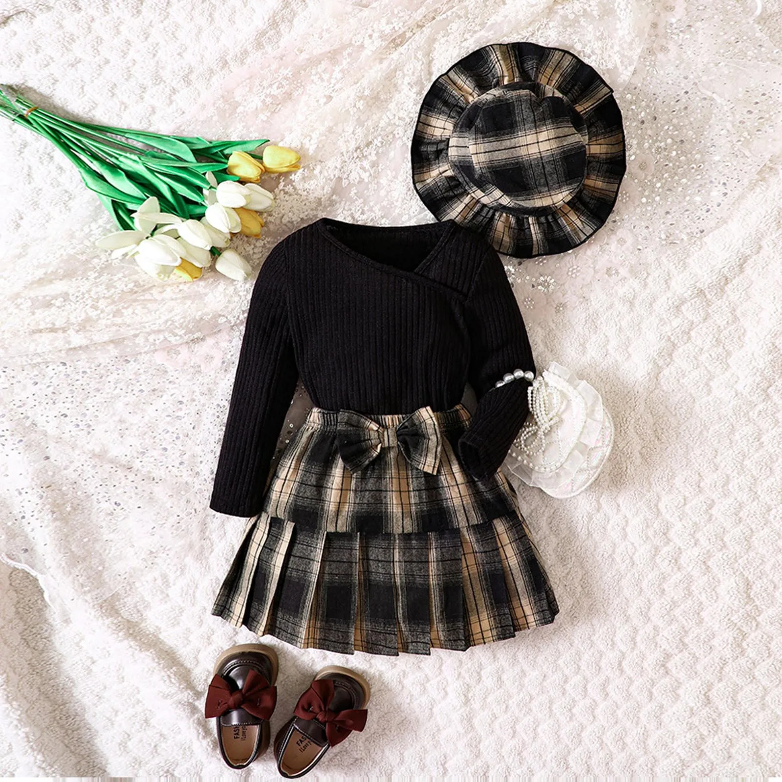 Toddler Baby's Clothes Girls Fashion 3Pcs Outfits Long Sleeve Mock Neck Tops Plaid Skirt Beret Hat Children's Clothing Set 4-7Y