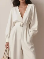 Yeezzi Women's Fashion Hollow Pu Leather Belted Deep V-Neck Jumpsuits Long Sleeves Solid Color Urban Ladies Business Overalls - Image 2
