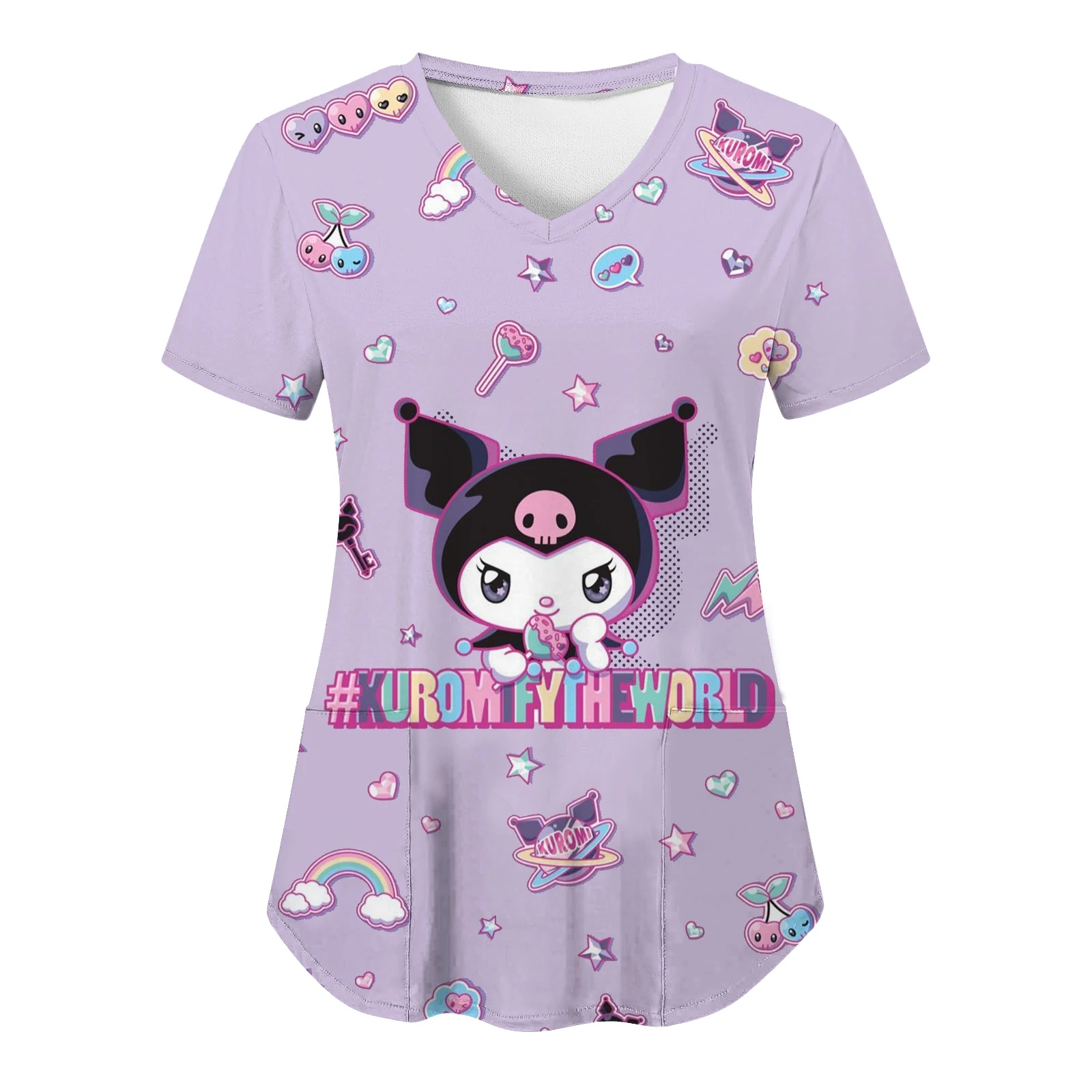 Hello Kitty Sanrio Kuromi V Neck Nurse Uniform Y2k Cartoon Hospital 3D Print Top Pocket Women T-shirts New Tops Woman 2024 Neck