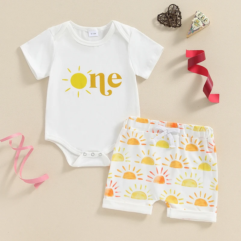 First Birthday Outfit Boy Sun One Romper Short Sleeve Bodysuit Sun Print Shorts Set One Year Old Birthday Outfit