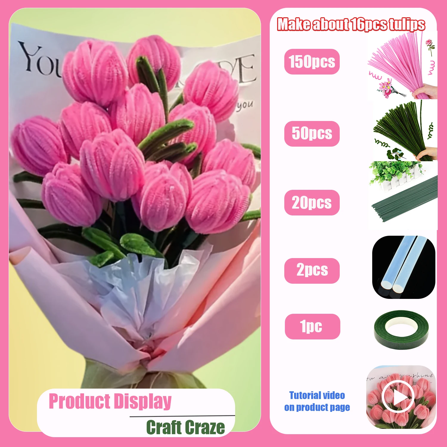 224/225Pcs Tulip Pipe Cleaner Flower Making Kit. Includes Pipe Cleaners, Flower Stems, Glue Sticks, Tape, with Video Tutorial