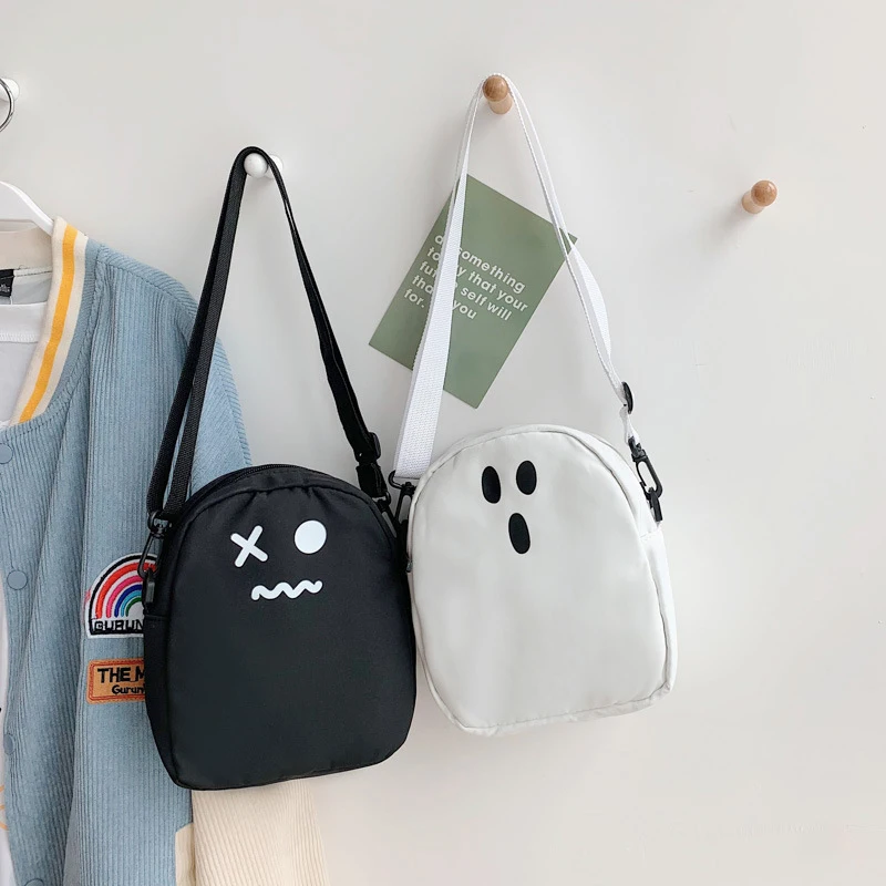 Black White Funny Cute Ghost Kawaii Women Canvas Bag Cartoon Shopper Bag Women Shoulder Bags