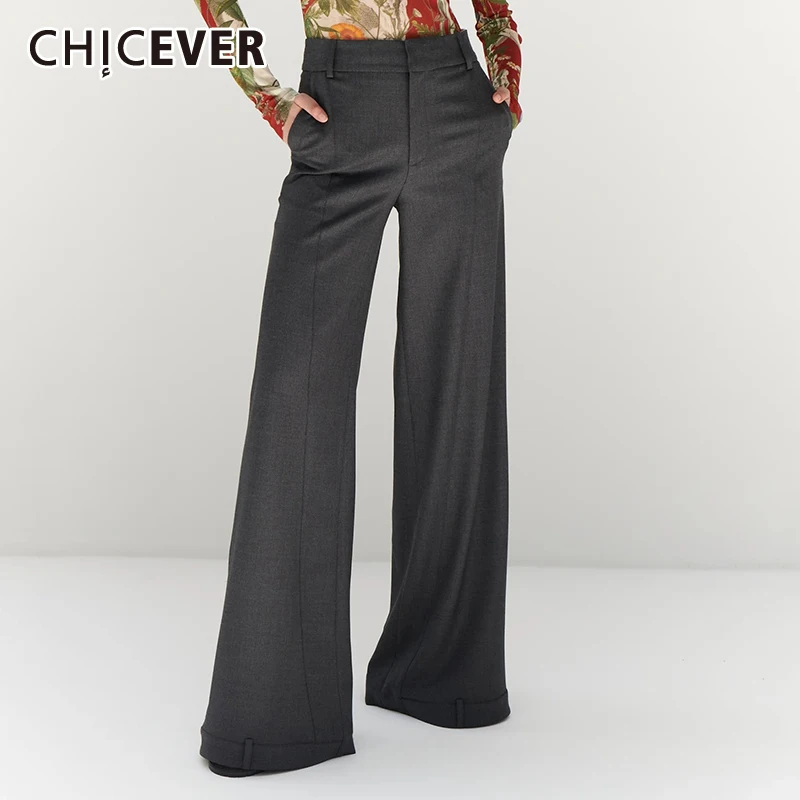 CHICEVER Gray Fashion Long Pants For Women High Waist Spliced Zipper Korean Minimalist Designer Trousers Female Style Summer New