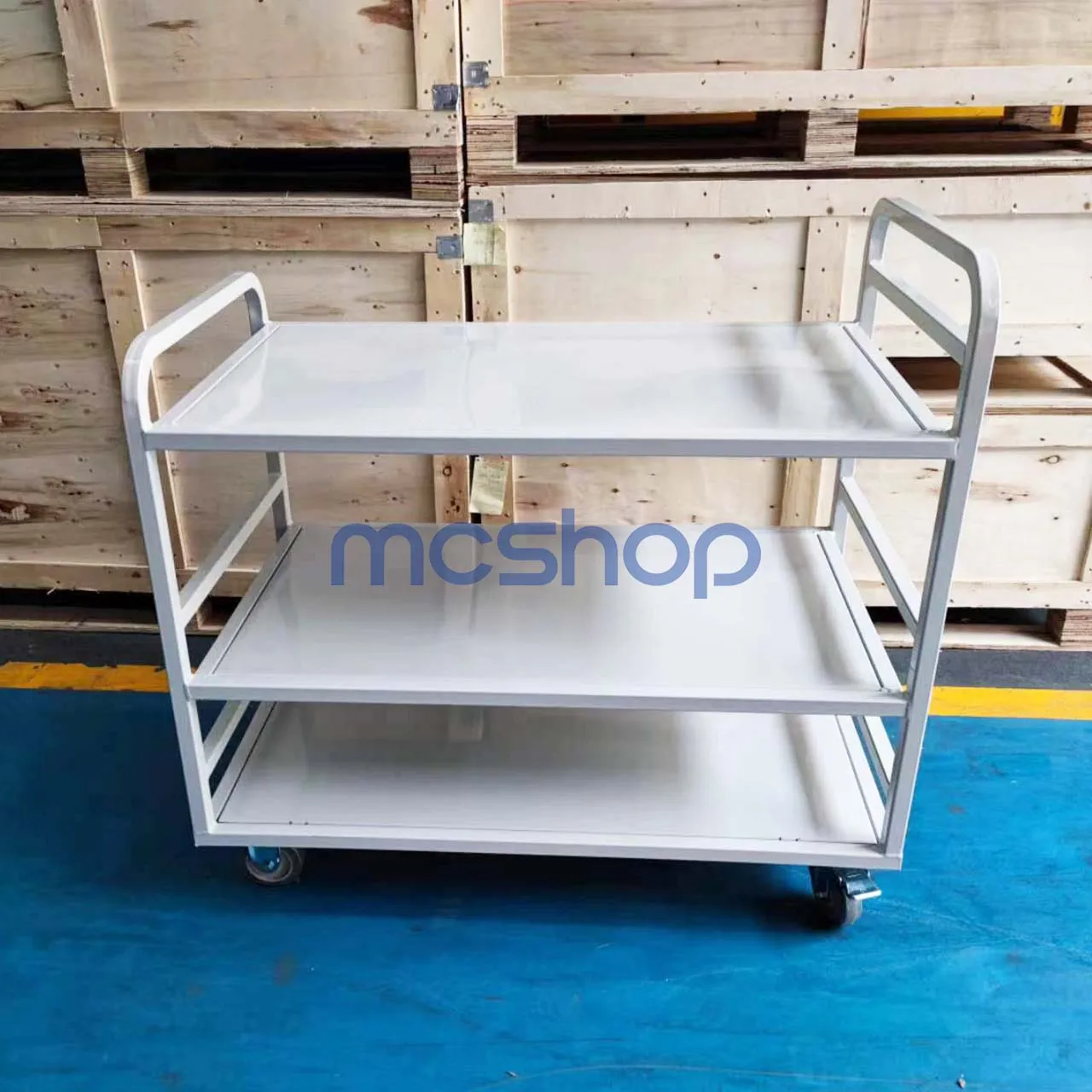 Picture 5: 3 Layer Heavy D-uty Steel Four-Wheel Platform Hand Push Cart Warehouse Trolley with Hand-Powered Function OEM Customizable