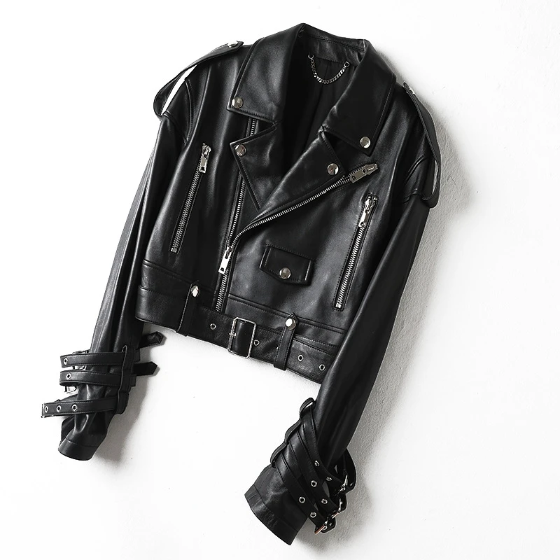 Genuine Leather Jacket for Women 2024 Fashion Diagonal Zipper Rivet Female First Layer Sheepskin Full Sleeve Motorcycle Jackets