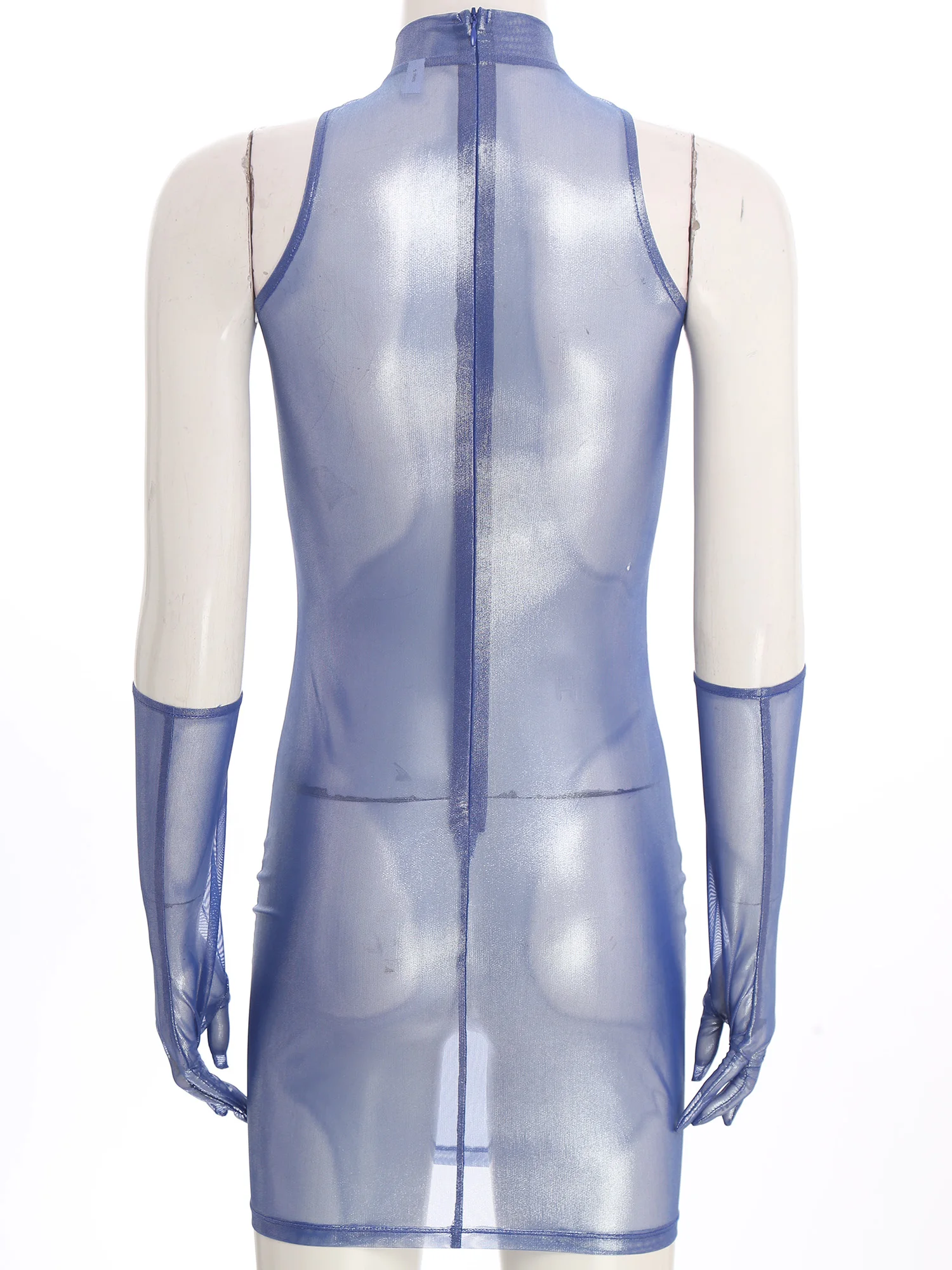 فستان لانجيري نسائي شفاف لامع شفاف من خلال فستان قصير لامع بدون أكمام وسحاب خلفي مع قفازات طويلة #3