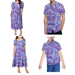 Custom Couple Outfit 2 Pieces 2 Square Neck Puff Short Sleeved Layered Puffy Dresses With Men'S Shirts Polynesian Family Suit