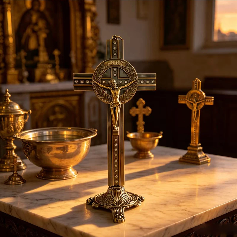 Antikes Bronze-Standkreuz mit Strasssteinen & INRI-Gravur für den Heimaltar, Gebetsdekoration, religiöses Geschenk – Detail 3