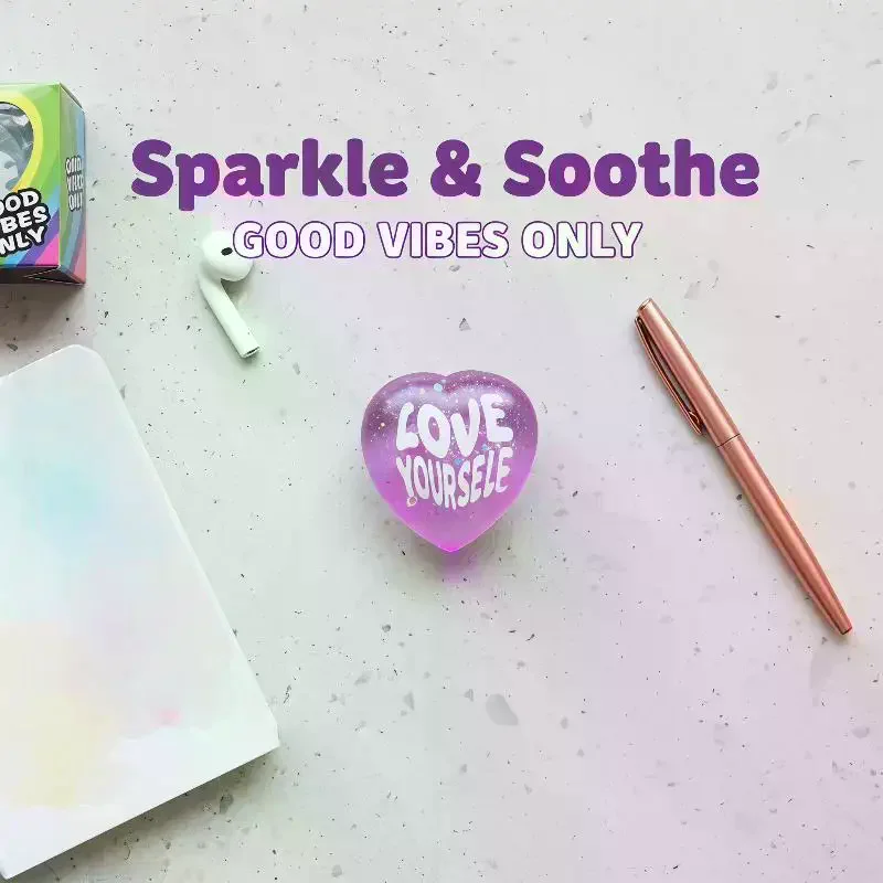 Soft Glitter Heart Squeeze Toy Positive Quote Printed Squishy Fidget Stress Toy for Kids Adults Office Relaxation