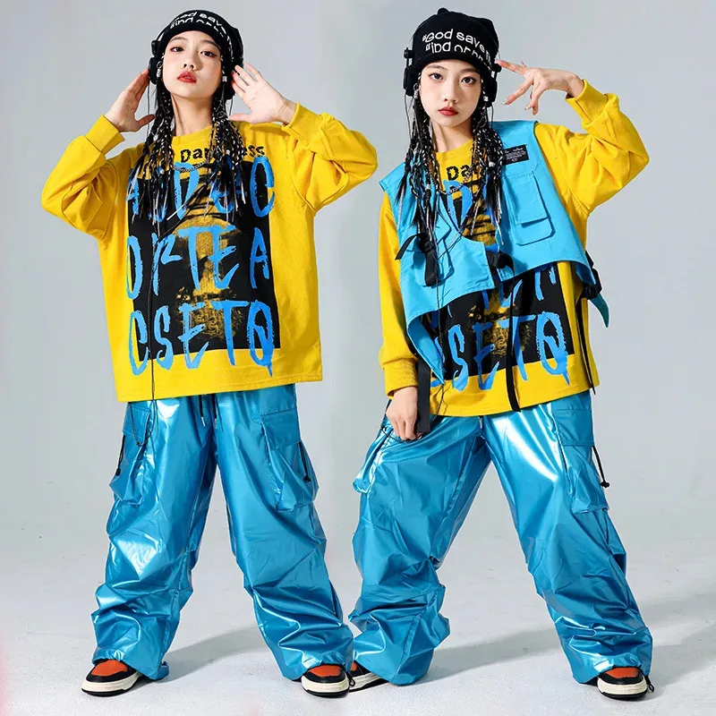 

COSda@Girls Hip Hop Costume Street Dance Stage Outfit for Kids Jazz Dance Clothing Streetwear Yellow Tops Blue PantsCOSda@