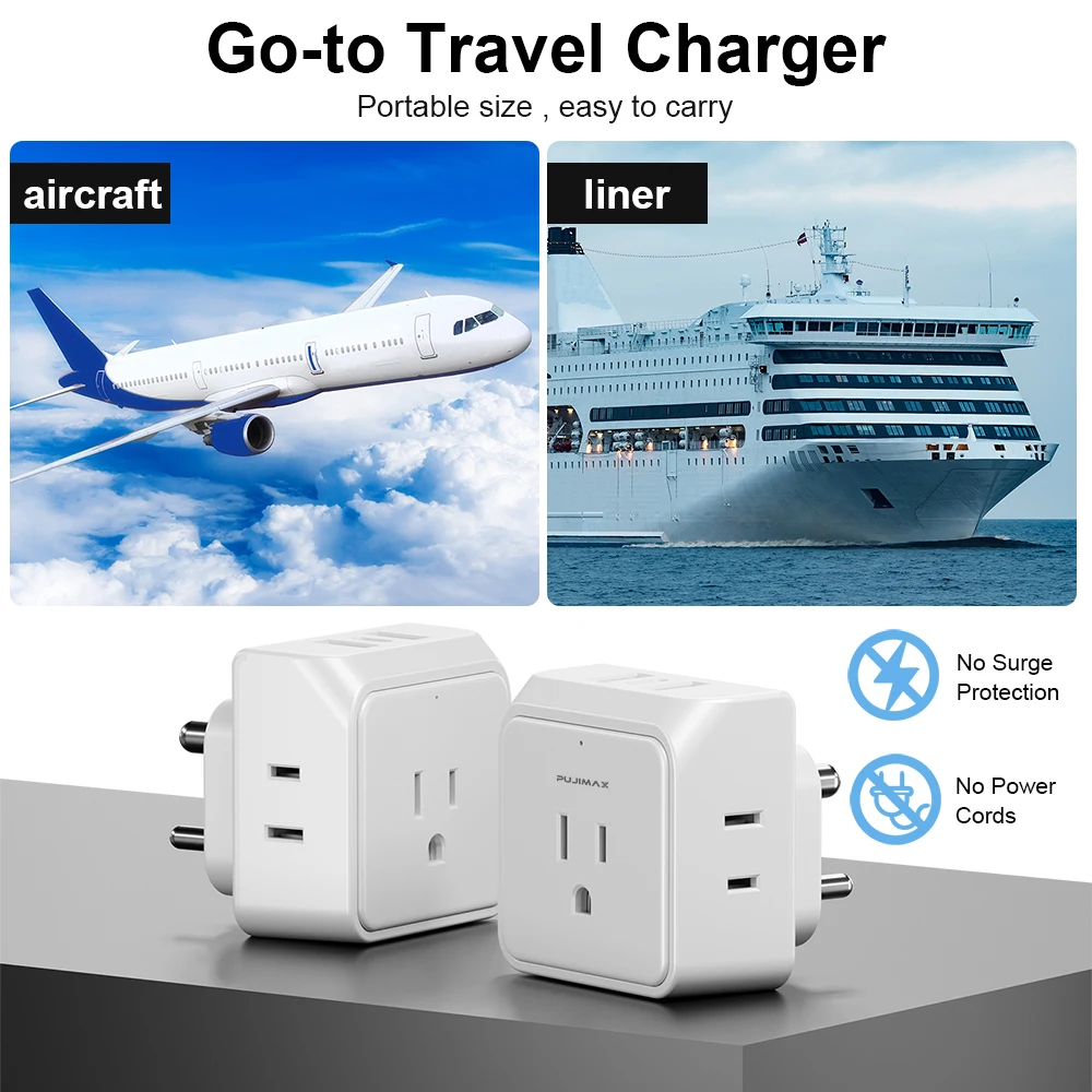 PUJIMAX US To India Power Adapter Travel Plug Adapter With 3 USB & 3 Sockets Outlet Charger Adaptor For Bangladesh Maldives Nepa