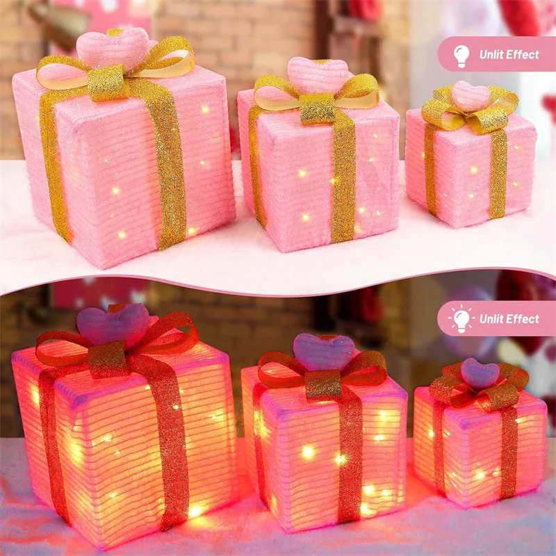 3 упаковки рождественских украшений, рождественские подарочные коробки с подсветкой и розовыми сердечками, красный блестящий бант, подарочная коробка, розовая для декора комнаты, подарки