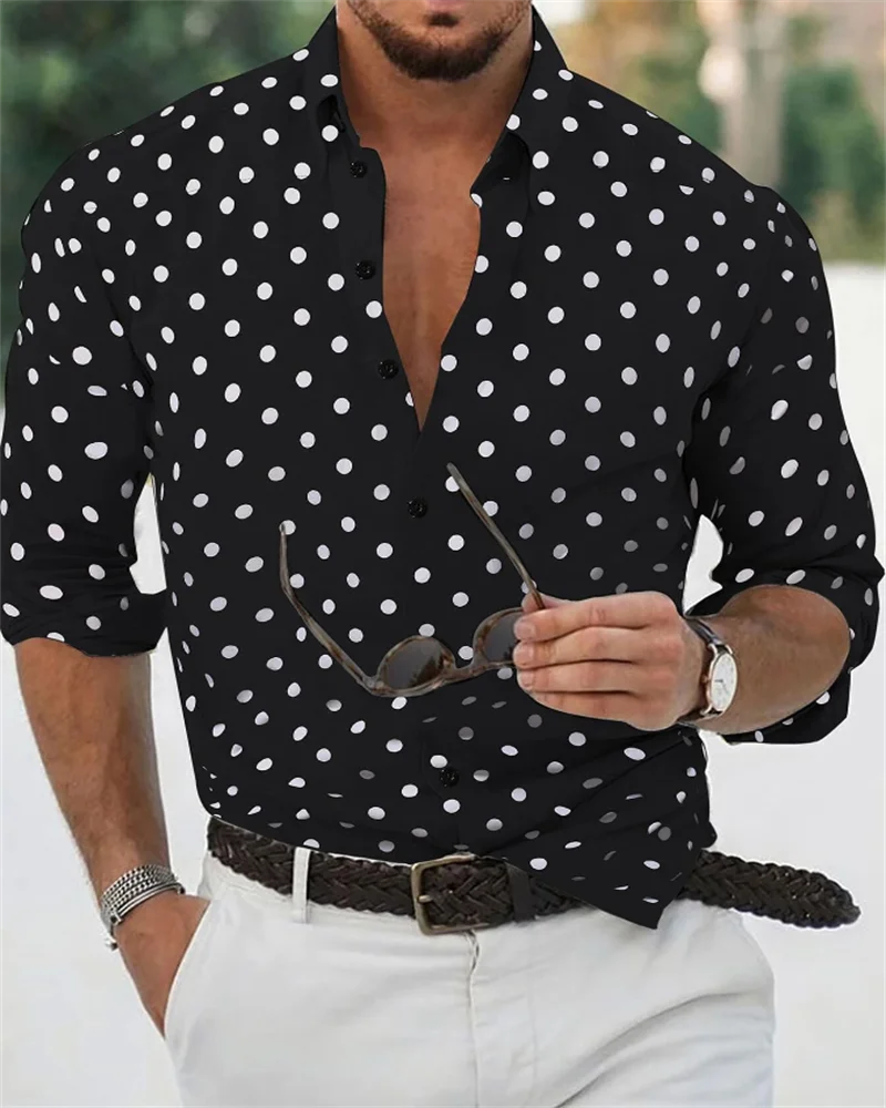 Abbigliamento da uomo alla moda camicia da uomo a pois con risvolto con bottoni camicia hawaiana estiva camicia a maniche lunghe per le vacanze di strada