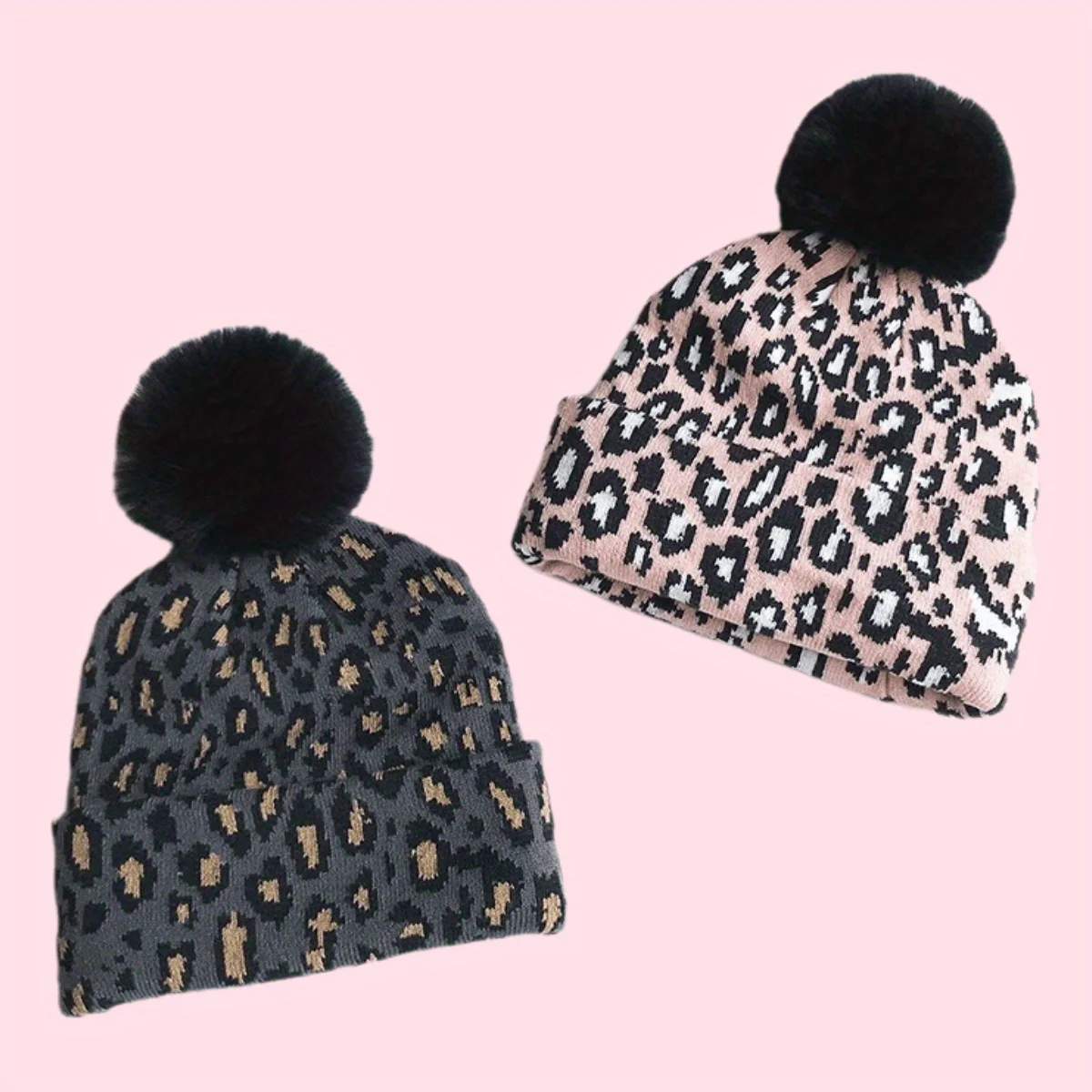

Tide Leopard Print Pom Pom Hat Multi-Color Large Size Warm Thick Autumn Winter Cap for Men And Women Fashionable Headwear