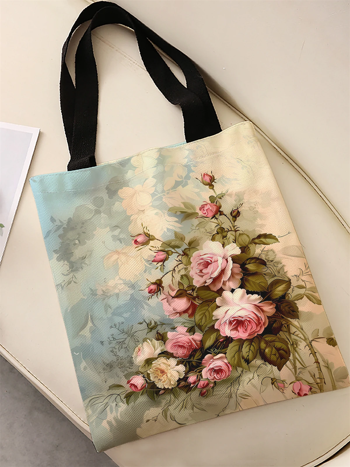 Lässige Handtasche mit Rosenmuster bedruckt, wiederverwendbarer modischer Rucksack, multifunktionale Handtasche, Einkaufstasche aus Segeltuch – Detail 3