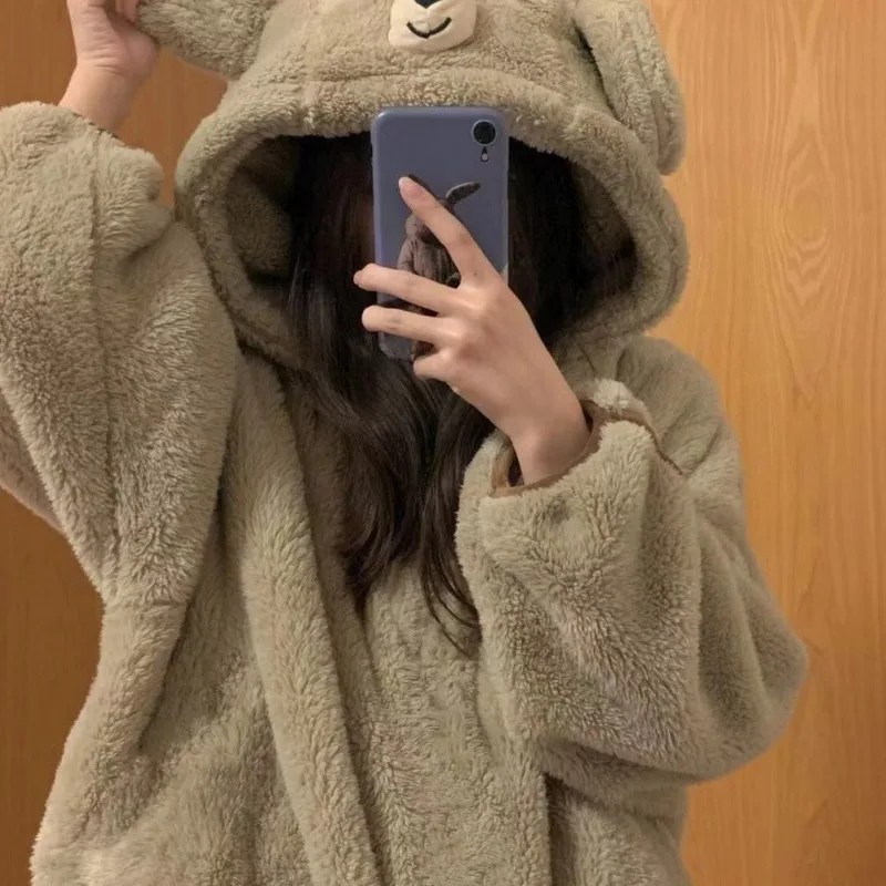 Autumn Winter Sweet Bear Ear Hooded Pajama Sets Women Coral Fleece Warm Sleepwear Girls Cute Cartoon Embroidery Lolita Nightwear