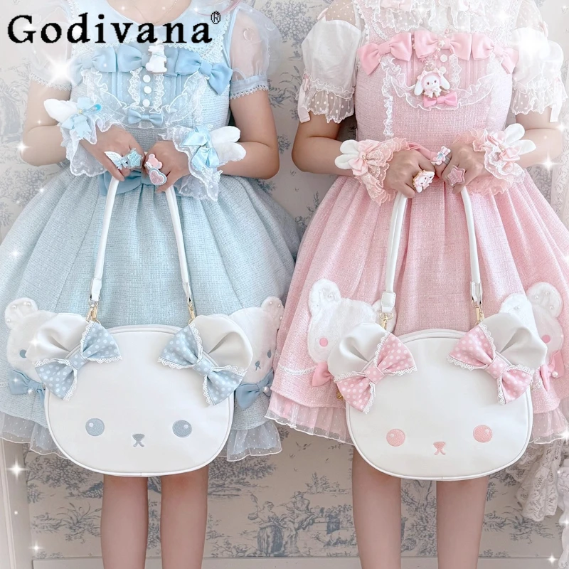 

Girl's Princess Sweet Lolita Handbag 2025 Japanese Soft Girl Kawaii Bear Print Bow Crossbody Bag Y2K Large Capacity Shoulder Bag