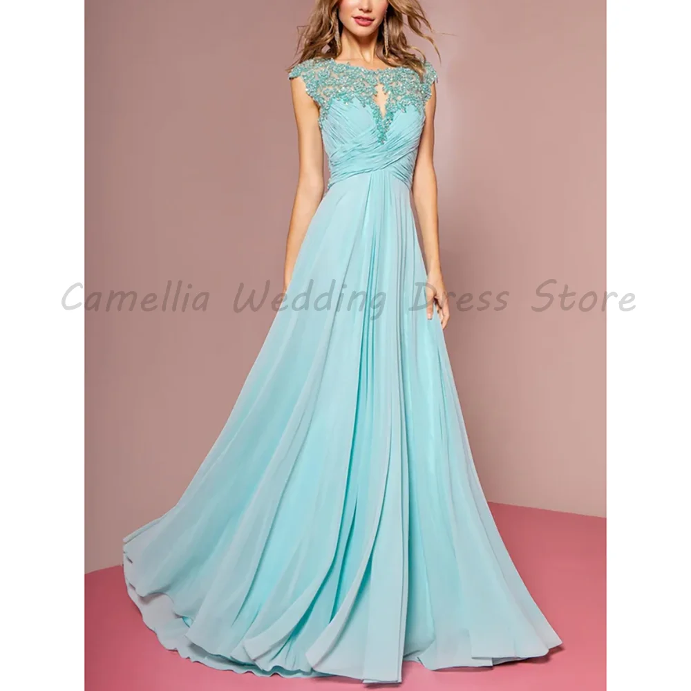 

Turquoise Cap Sleeve Beaded Lace Chiffon A Line Mother Of The Bride Dress Ruched Formal Evening Gown