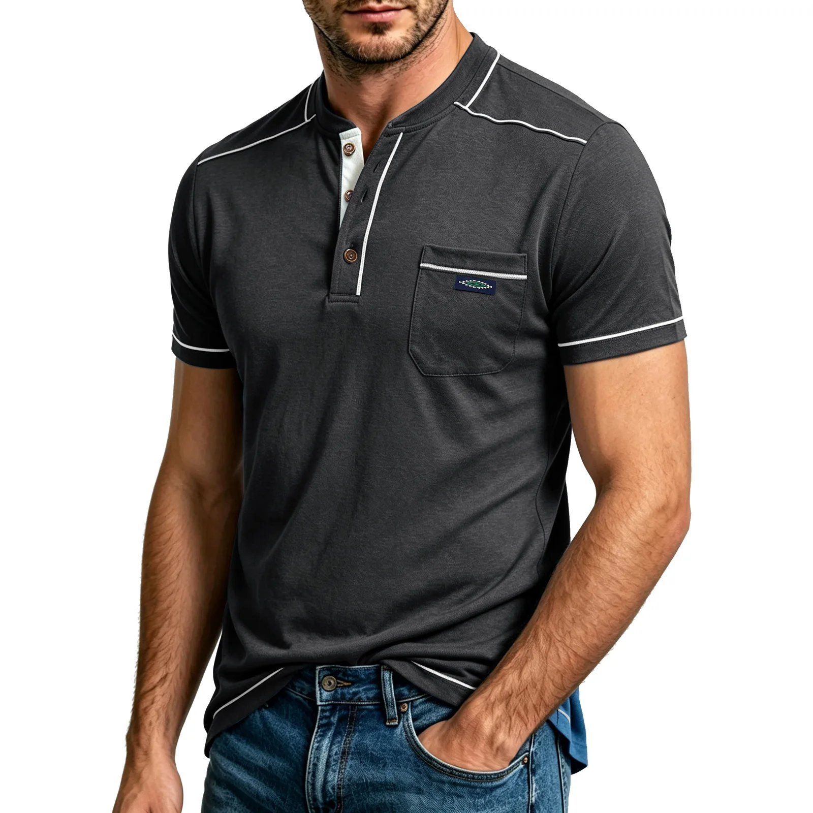 European and American Men's Large Size Round Neck Tactical Pocket Henley Top Outdoor Men's Essential T-shirt Bottoming Shirt