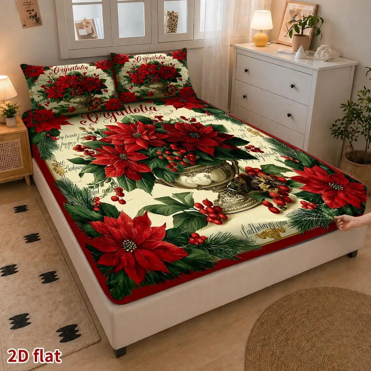 Christmas 2D Digital Print Three-Piece Bedding Set (Includes 1 Fitted Sheet + 2 Pillowcases) Mattress Protector, Fitted Elastic Style, Protective Cover, Mattress Protector, Classic Red Flower and Green Leaf Pattern, Vintage Oil Painting Style, Christmas Decoration, Suitable for All Seasons, Machine Washable, Holiday Decoration, Various Sizes, Breathable Protective Cover Plus Pillowcase