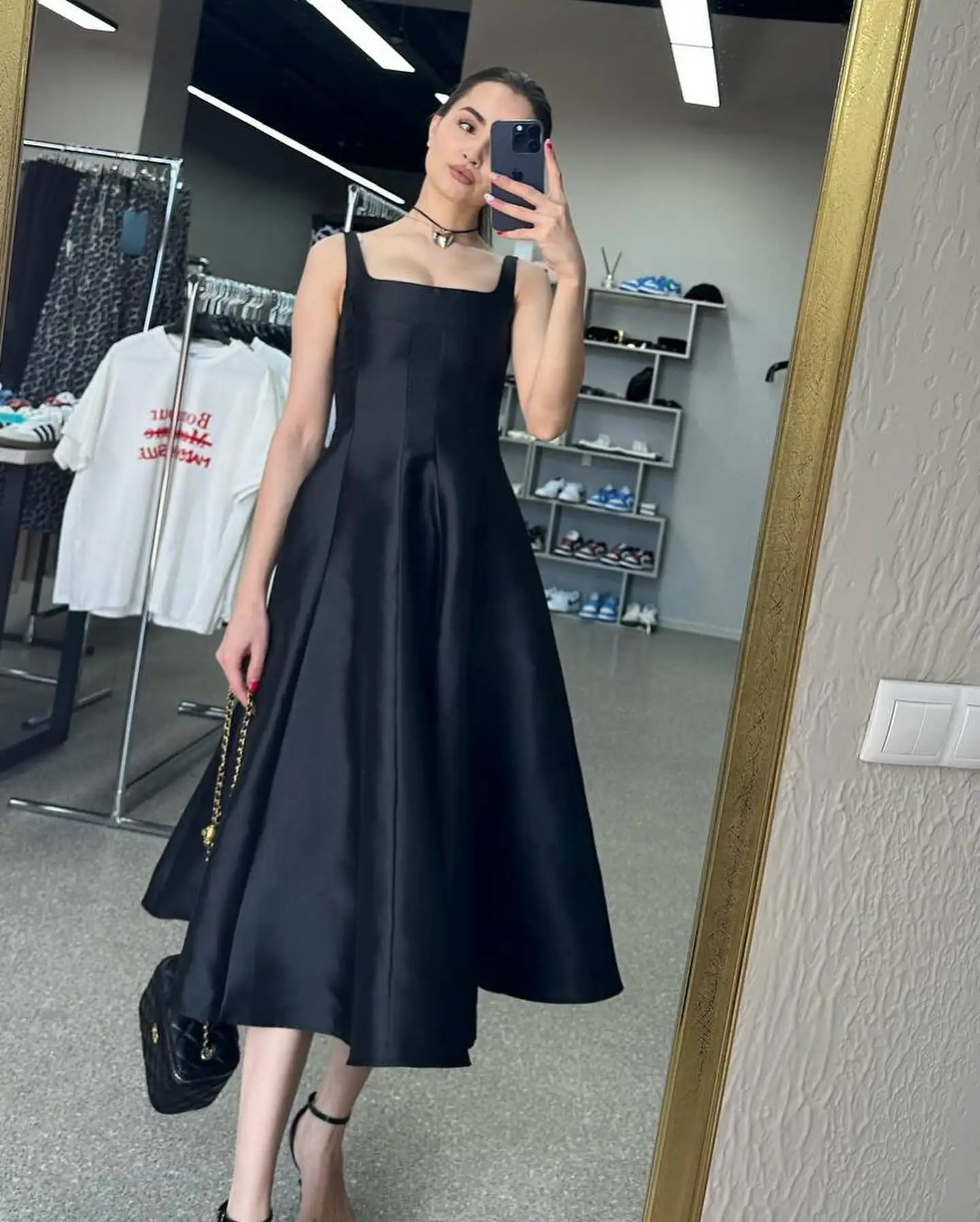 

Tea Length Black Taffeta Prom Dresses Shoulder Straps Square Neck Evening Dress Puffy A line Pleated Celebrity Party Gown 2024