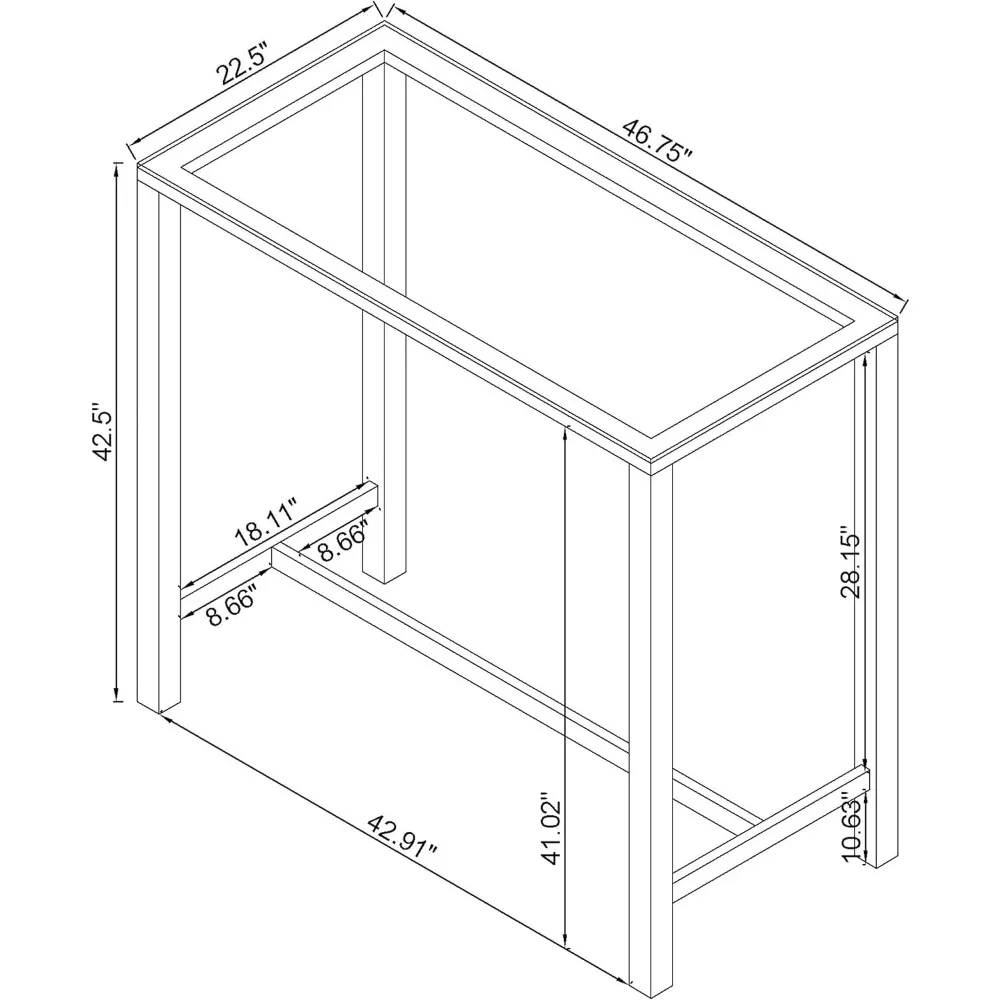 Mesa de bar retangular de 47 polegadas com tampo de vidro temperado e pernas cromadas; Adequado para salas de jantar e bares domésticos