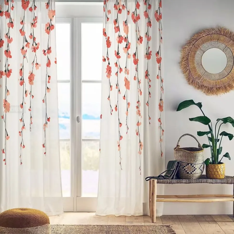 2PCS Digital Print Sheer Curtains, Hanging Red Flowers, Trailing Floral Botanical Style for Bedroom Living Room Home Decor